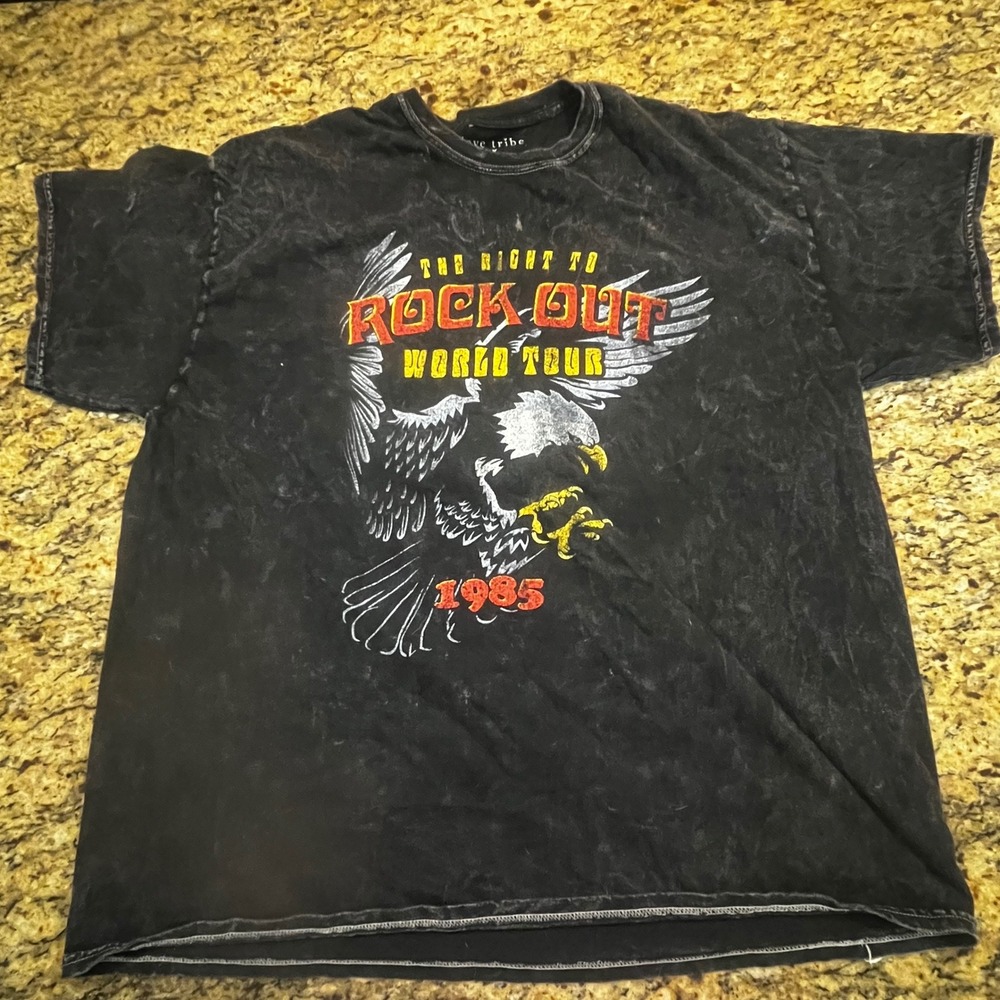 Love Tribe Rock Out World Tour‎ 1985 Eagle Graphic Tee Black Mineral Wash 3X